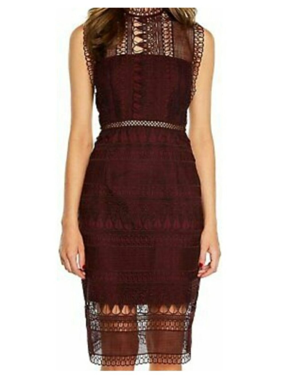 Bardot (US 10) Sleeveless Crochet-Trim Midi Dress in Burgundy
